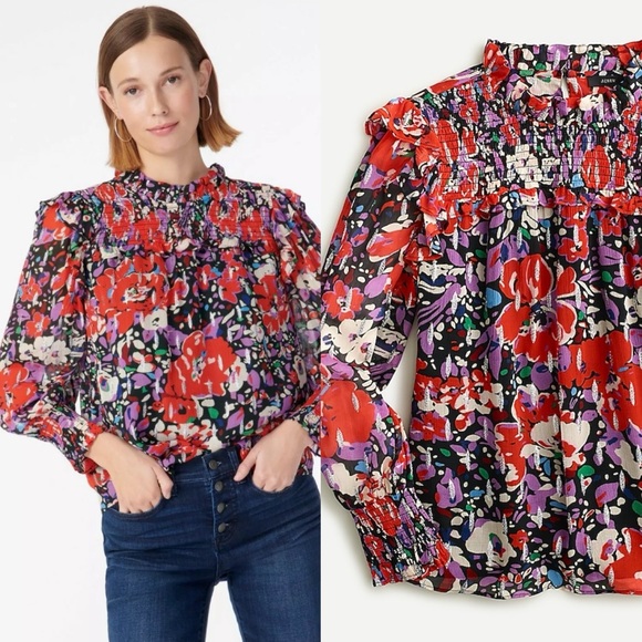 J.Crew Smocked Popover Top Lurex Dot Floral Blouse Top Ruffle Metallic S - Picture 2 of 11
